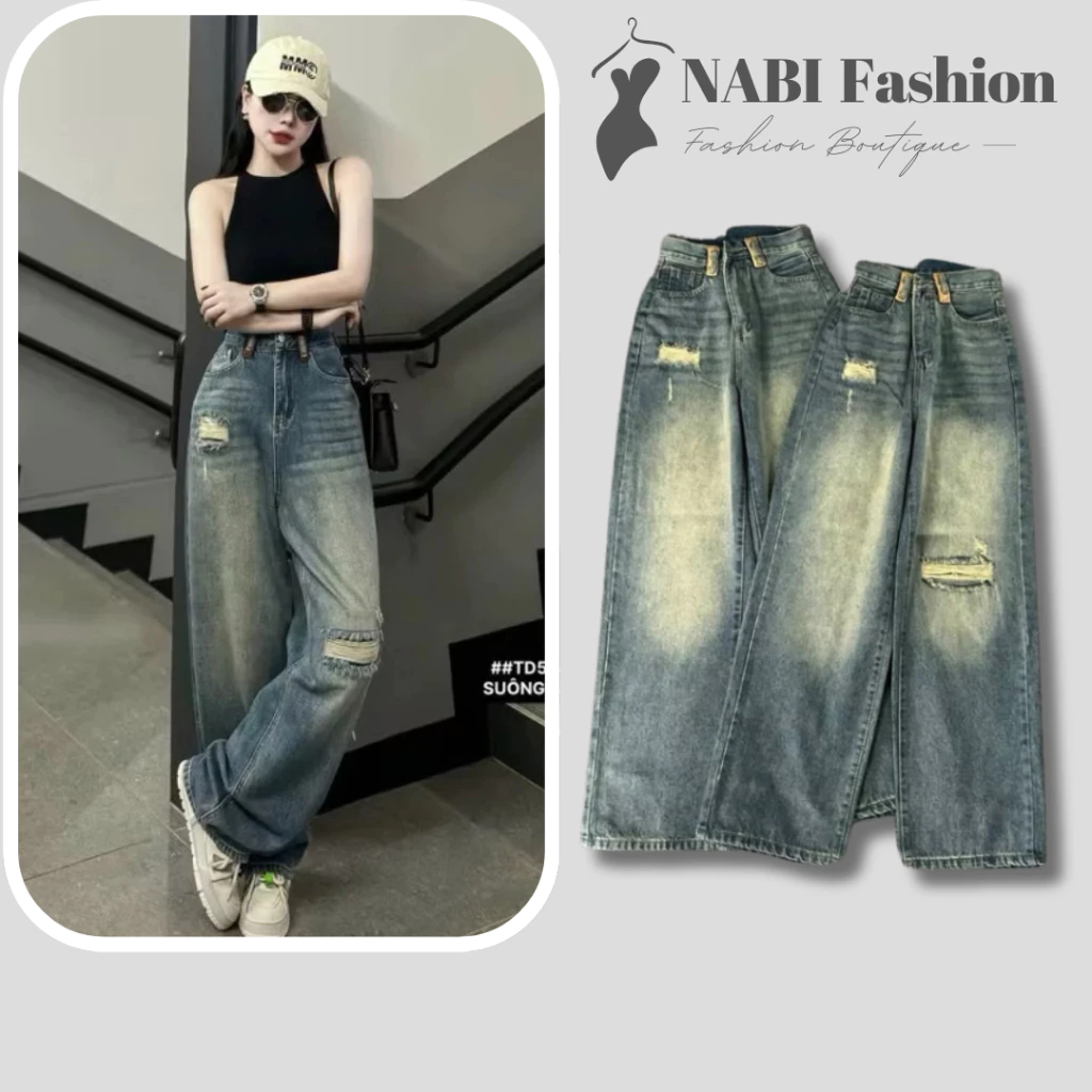 Quần Jean Suông Nữ Bigsize - Form Suông Ống Rộng NABi Fashion Phối Rách Viền Lưng Hottrend Dễ Phối Đồ Chất Mềm Mịn