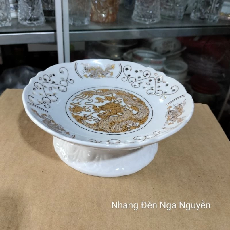 Đĩa trái cây thờ cúng sứ rồng vàng kim sa cao cấp