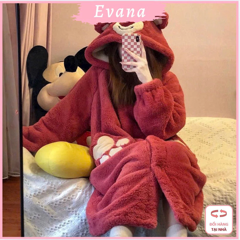 [SIZE M.L.XL] Áo Choàng LôngCừu Giữ Ấm, Váy Ngủ Bông Gấu Dâu Dễ Thương Lông 2 Mặt Mềm Mại Mũ 2 Lớp Dày Dặn Siêu Ấm EVA12