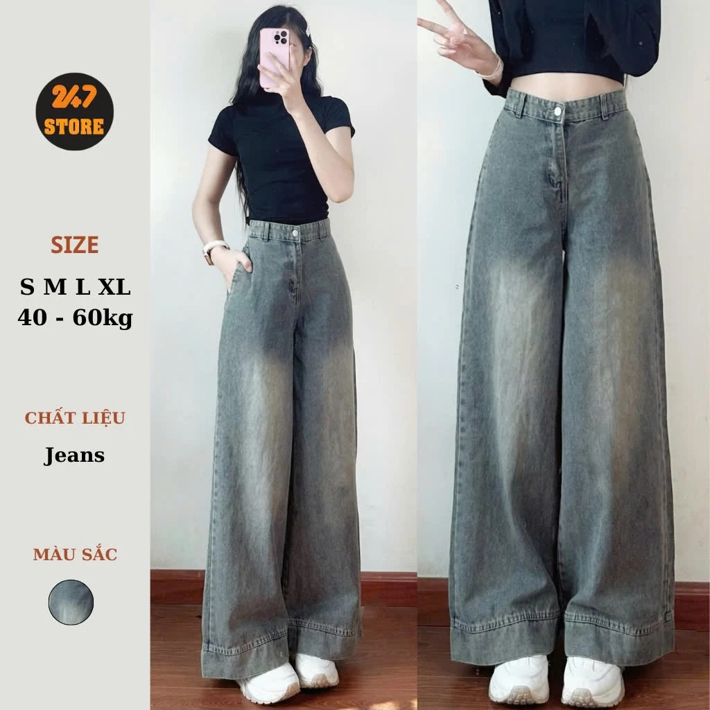 Quần jeans nữ ống suông ống rộng 247store lưng cao tôn dáng màu xanh retro đi học đi làm đi chơi Back to School