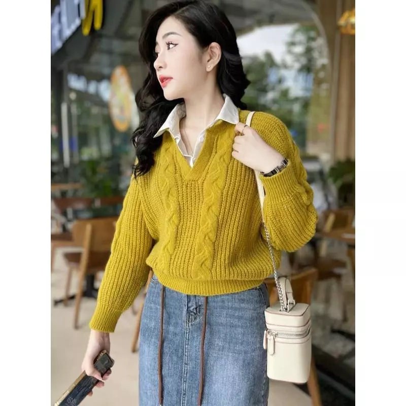 Áo Len Nữ Phối Sơ Mi Họa Tiết Vặn Thừng Phong Cách HÀN QUỐC