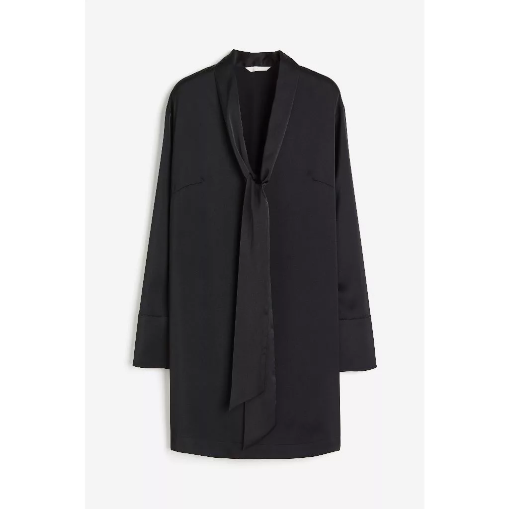 H&M Đức - Đầm suông satin lụa cổ V thắt nơ tay dài màu đen sale auth new tag cao cấp chính hãng sẵn 1207292003 HM