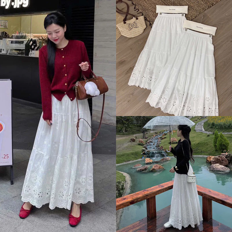 CHÂN VÁY TRẮNG MIDI THÊU HOA VINTAGE - Chân váy maxi thô boil QC xoè dài 2 lớp cạp chun ulzzang tiểu thư HQ