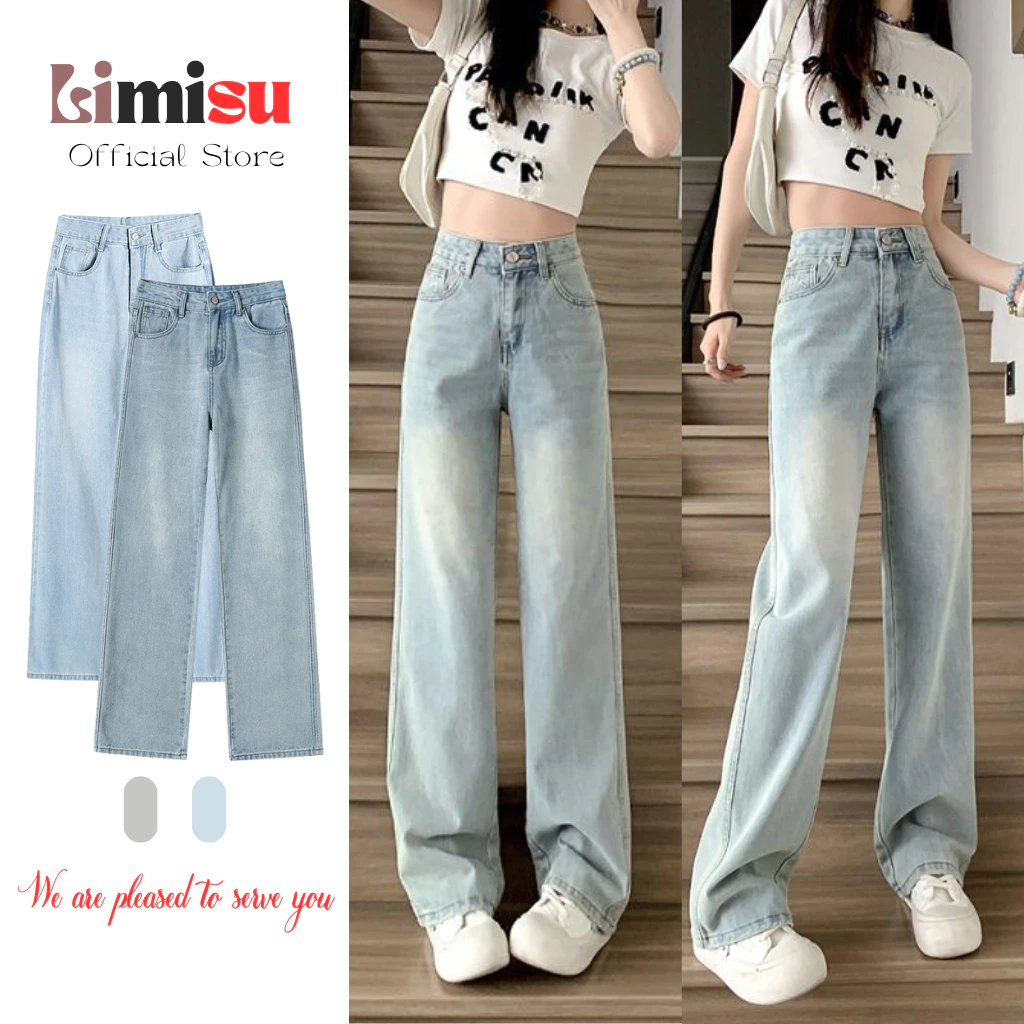 Quần Jean Nữ Ống Suông Cạp Cao Dáng Dài LIMISU, Quần Bò Nữ Ống Rộng Lưng Cao Chất Jean Demin JT