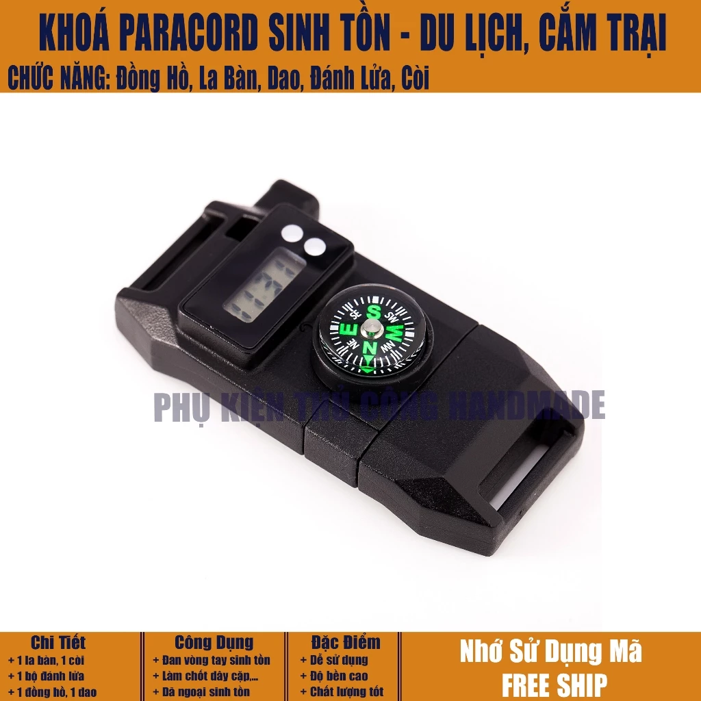 Khóa paracord có la bàn, đồng đồ, đánh lửa, dao, còi sinh tồn