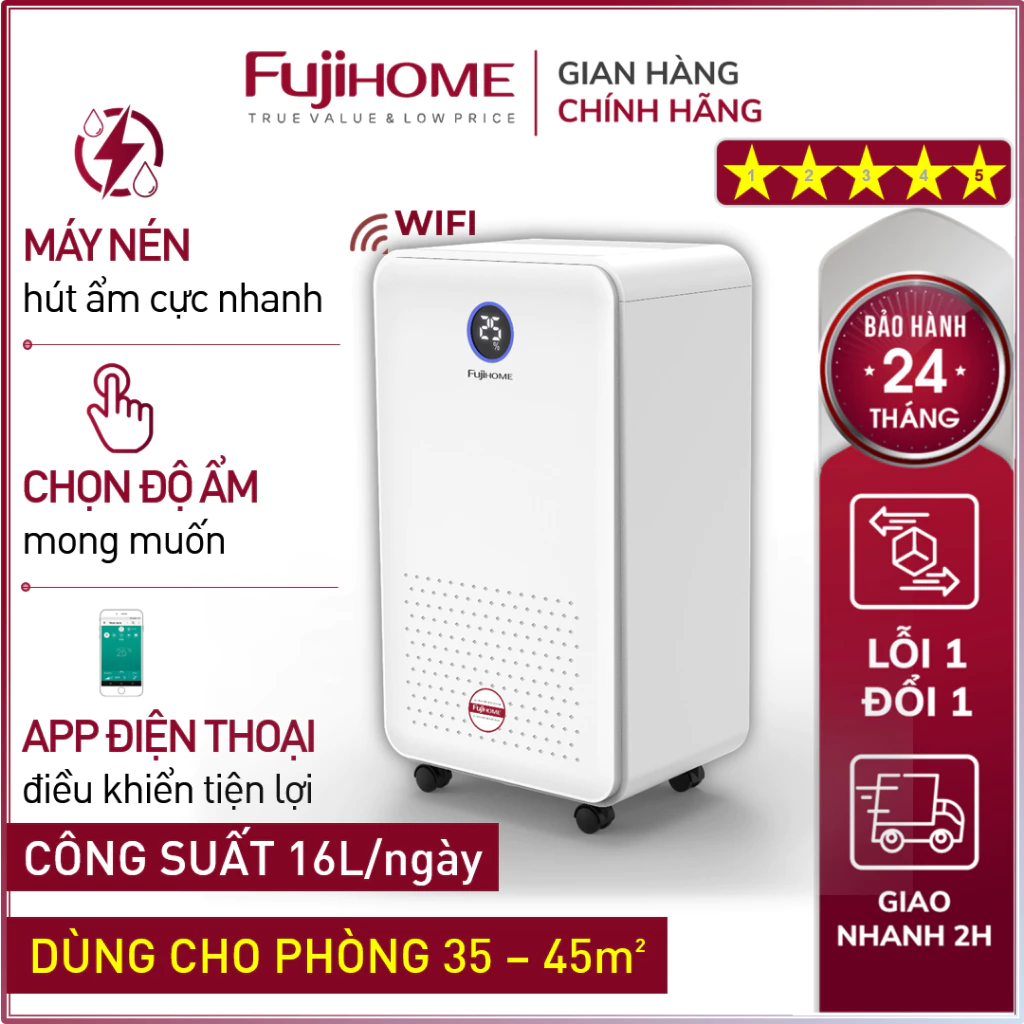 Máy hút ẩm công nghệ máy nén Nhập Khẩu FUJIHOME 10L - 60L/ngày lọc không khí Wifi, công nghiệp
