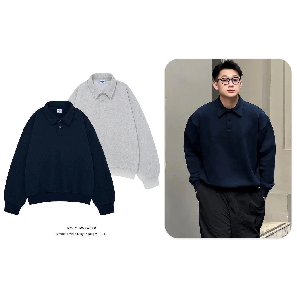 Áo Sweater Polo Nam Nỉ 3D Chéo Cao Cấp 60% Cotton 40% Spandex Dài Tay Form Rộng Halley Menswear Có Cổ M30