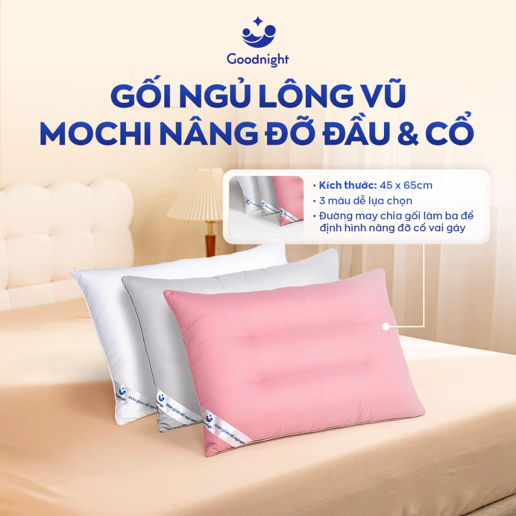 Gối Ngủ Vua Nệm Goodnight Mochi 45x65cm, Gối Nằm Chất Liệu Gòn Lông Vũ, Ruột Gối Cao Cấp Thư Giãn Cổ Vai Gáy
