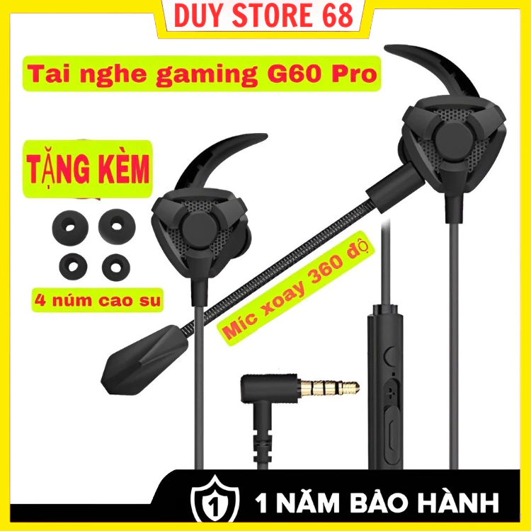Tai nghe gaming G60 có mic rời cho điện thoại, tai nghe chơi game PUBG mobile / FF / ROS / Tốc chiến mic rời 360° earp