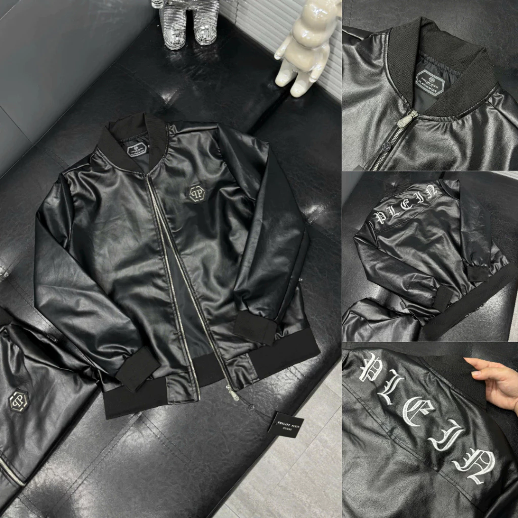 Áo Bomber Da Philipp Plein Nam Nữ Phối Khóa Cổ Dây LoGo Kim Loại Cao Cấp, Hàng QC Mẫu 2026
