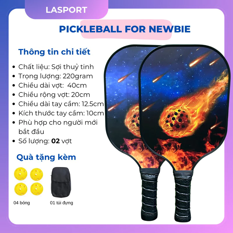 Bộ 2 vợt pickleball sợi thuỷ tinh cao cấp tặng kèm 4 bóng và túi đựng, vợt pickleball siêu nhẹ siêu bền đẹp