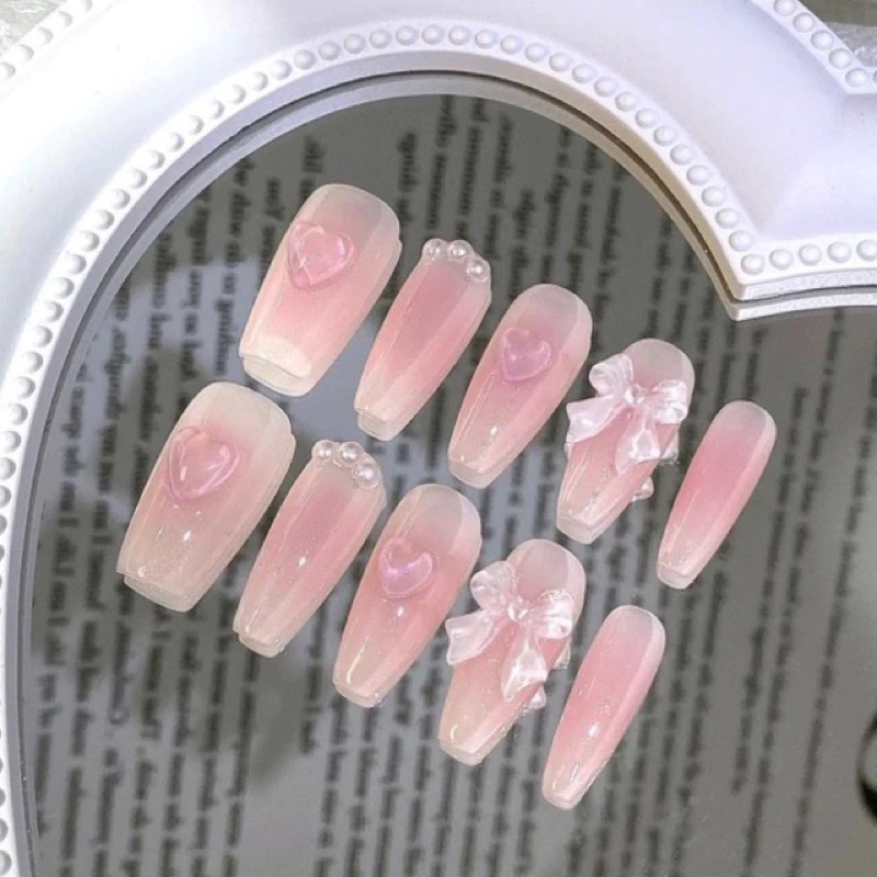 Set nailbox - móng tay giả thiết kế thời trang xu hướng màu hồng siêu đáng yêu , đầy đủ phụ kiện làm móng