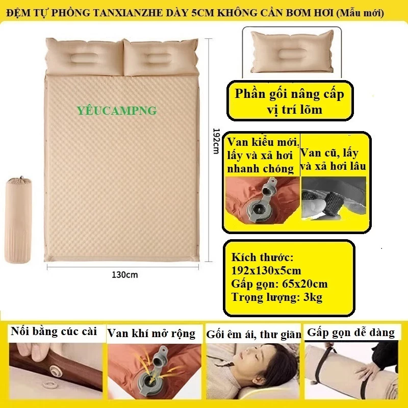 Đệm hơi tự phồng Tanxianzhe dày 5cm có gối lõm van hơi kiểu mới giúp lấy và xả hơi nhanh chóng, đệm ghép cài cúc