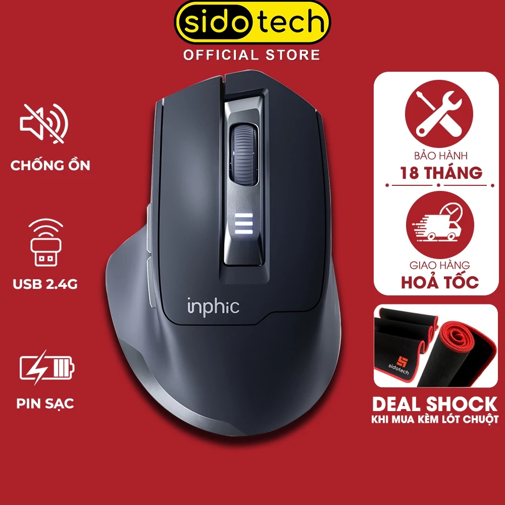 Chuột không dây máy tính SIDOTECH INPHIC M9 pin sạc silent gaming chống ồn 6 nút bấm wireless 2.4g công thái học laptop