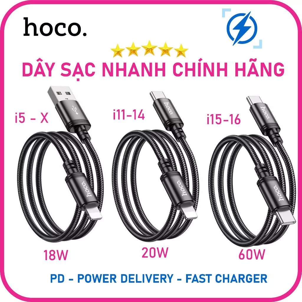 Dây sạc nhanh Chính Hãng CHo lP Hoco 20W 60W 18W dùng cho 13 16 15 14 7 8 max 11 12 13 pro max .. Siêu Bền Chống Đứt Gãy