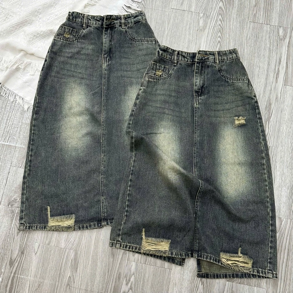 [BIGSIZE 80KG] 3133 Chân Váy Jean Nữ Dáng Dài Rách Gấu Túi Sau Chữ Tua Rua, chân váy bò xẻ sau