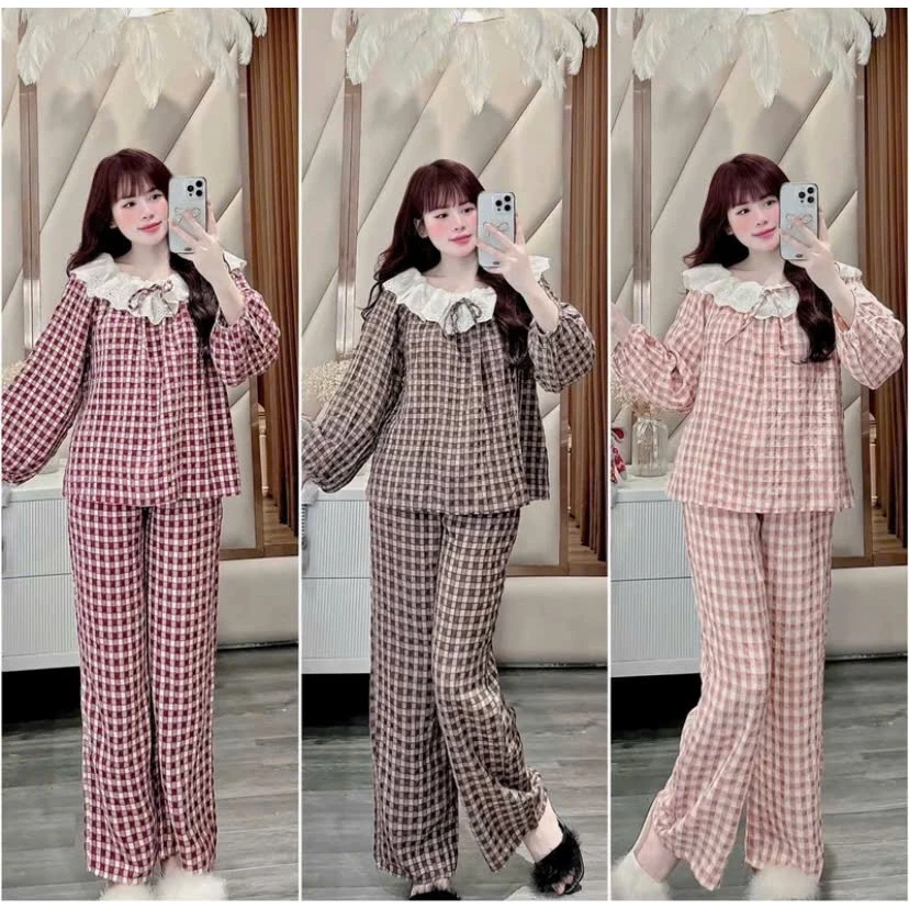 Sét đồ ngủ caro đũi nhung tiểu thư ,Bộ mặc nhà trễ vai phối ren xinh yêu dành cho nữ