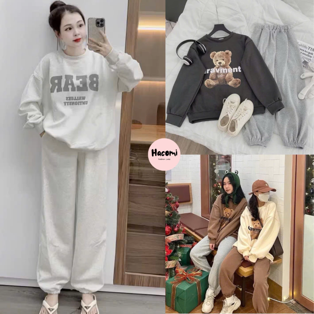 Bộ nỉ dài tay nữ - Set đồ ngủ quần ống bo gấu kèm áo sweater màu nhiều hình mặc ở nhà đẹp ulzzang