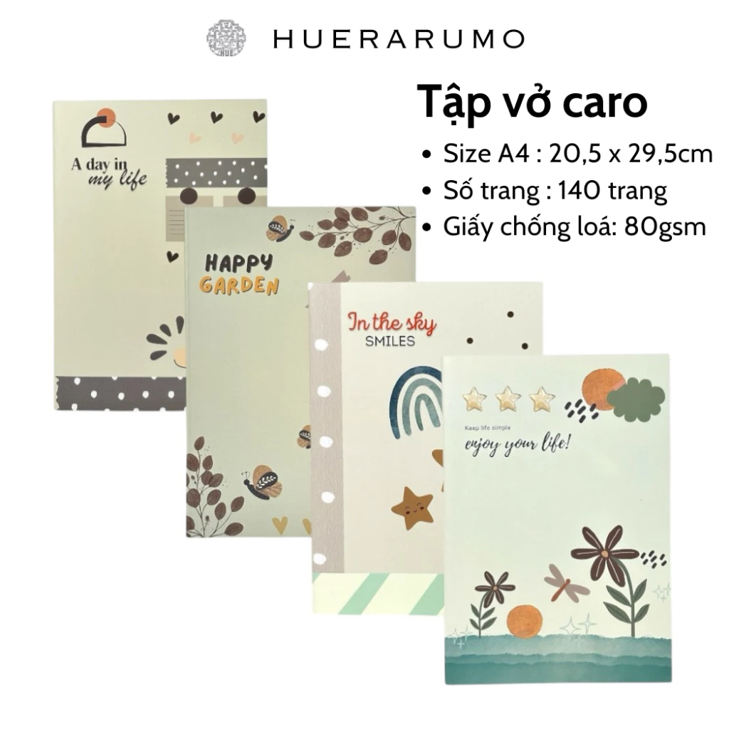 Vở caro A4 140 trang HUERARUMO, gáy khâu chỉ bước dài dấu ngoài, giấy cao cấp định lượng 80gsm, in offset.