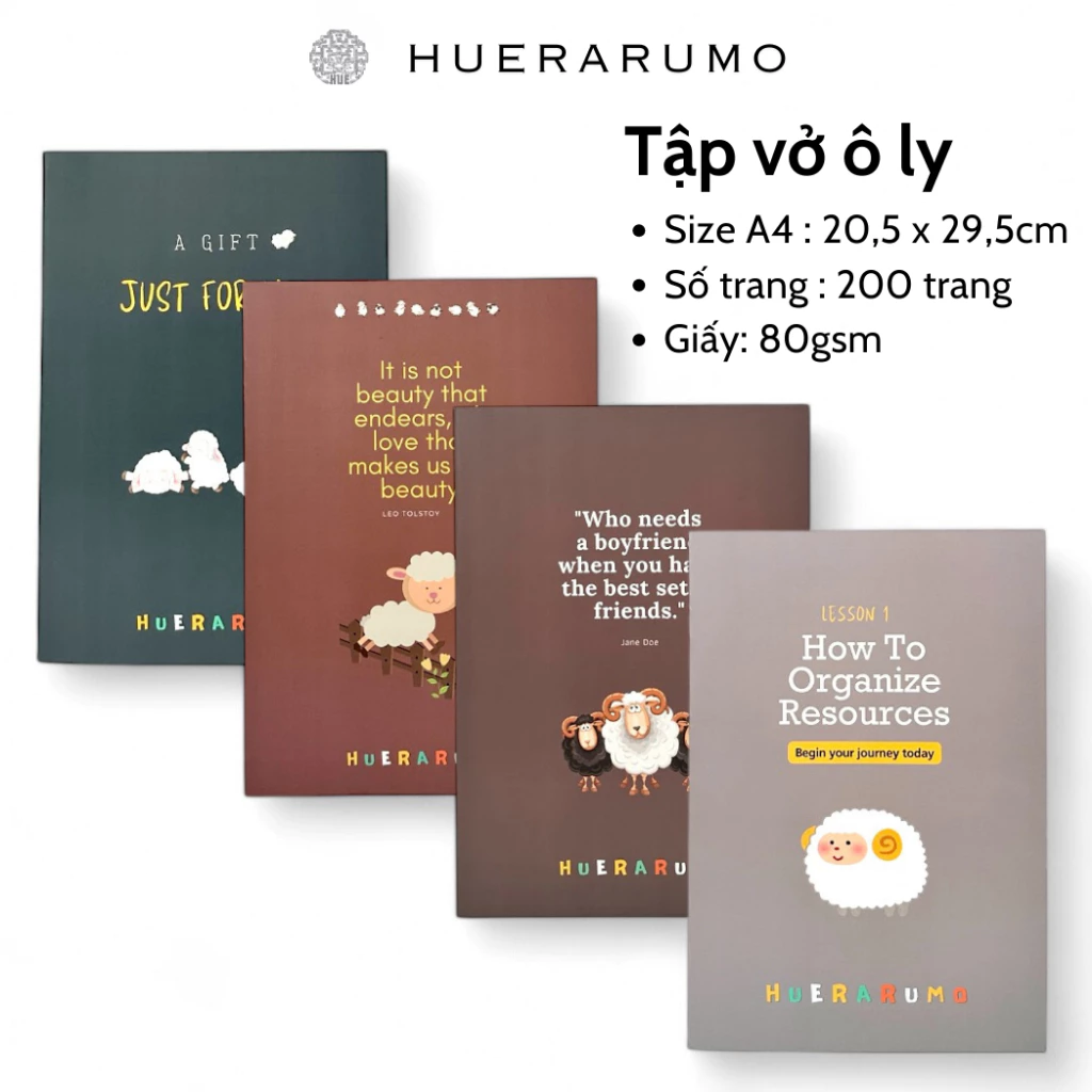 Vở ô ly A4 200 trang HUERARUMO, gáy khâu chỉ bước dài dấu ngoài, giấy cao cấp định lượng 80gsm, in offset.