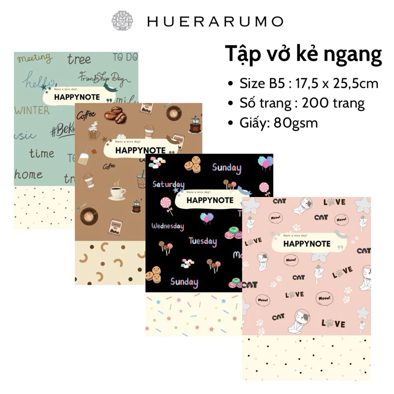 Vở kẻ ngang B5 200 trang HUERARUMO, gáy khâu chỉ bước dài dấu ngoài, giấy cao cấp định lượng 80gsm, in offset.