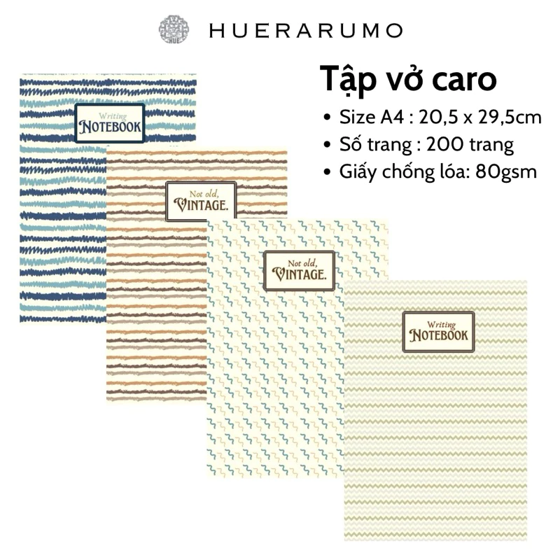 Vở caro A4 200 trang HUERARUMO, gáy khâu chỉ bước dài dấu ngoài, giấy cao cấp  DL 80gsm, in offset.