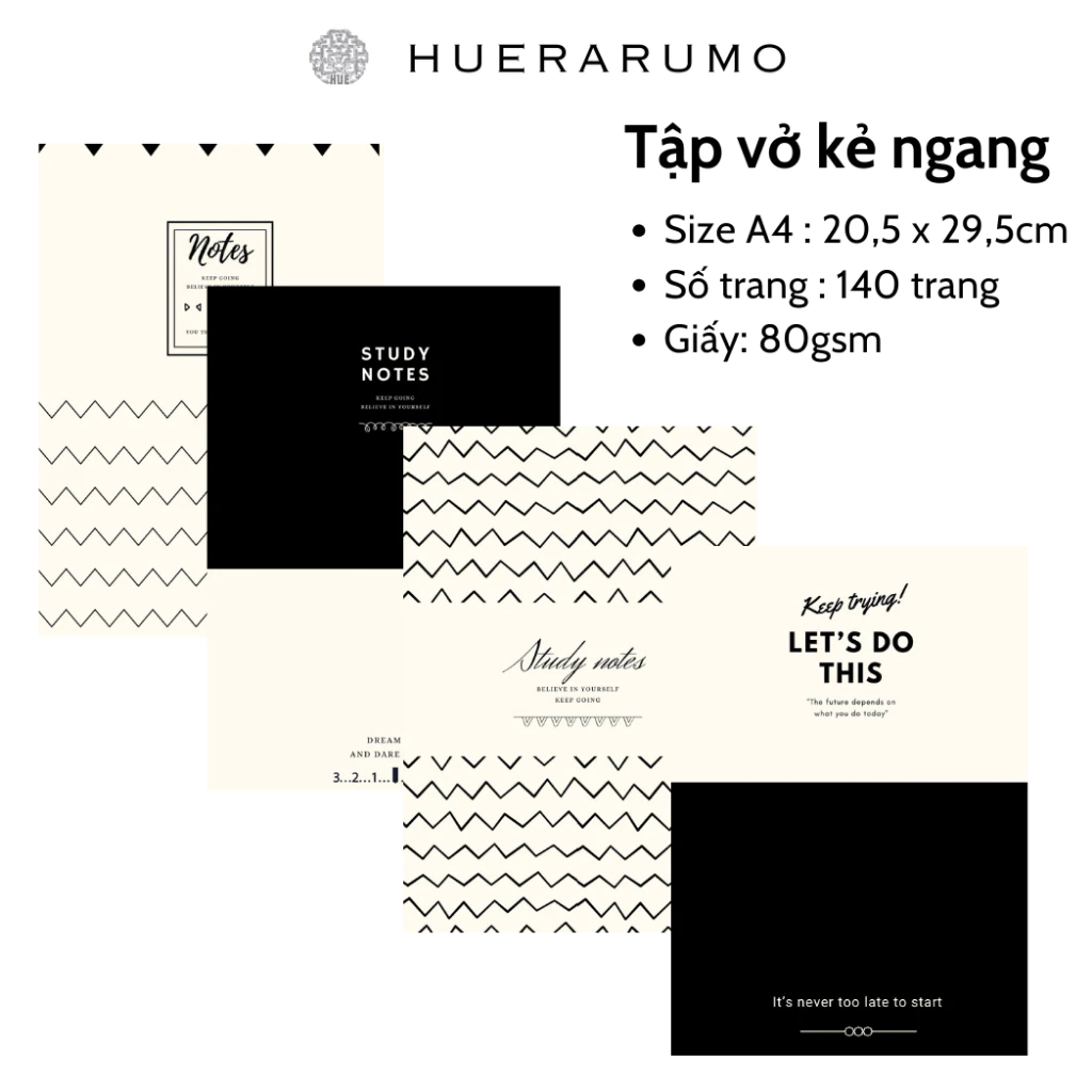 Vở kẻ ngang A4 140 trang HUERARUMO, gáy khâu chỉ bước dài dấu ngoài, giấy cao cấp định lượng 80gsm, in offset
