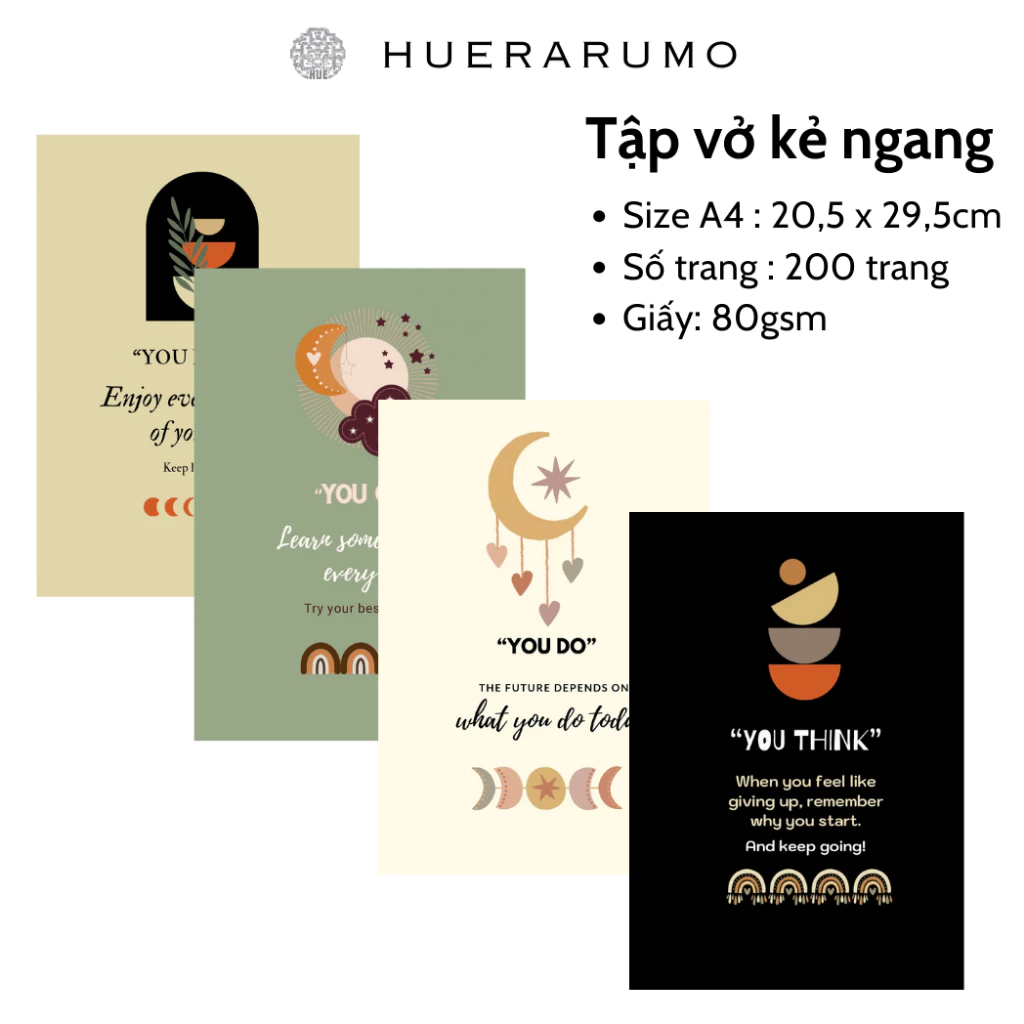 Vở kẻ ngang A4 200 trang HUERARUMO BST FOR YOU, gáy khâu chỉ bước dài dấu ngoài, giấy  định lượng 80gsm, in offset.