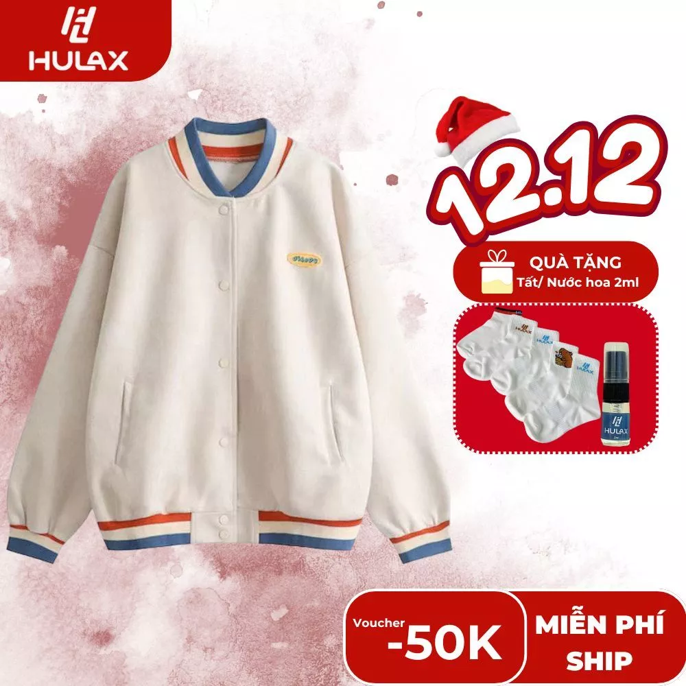 Áo Khoác Bomber, Áo Bóng Chày Cổ Đứng Dáng Rộng Nam Nữ Cúc Bấm Chất Nỉ Bông Mềm Mịn 𝙃𝙐𝙇𝘼𝙓