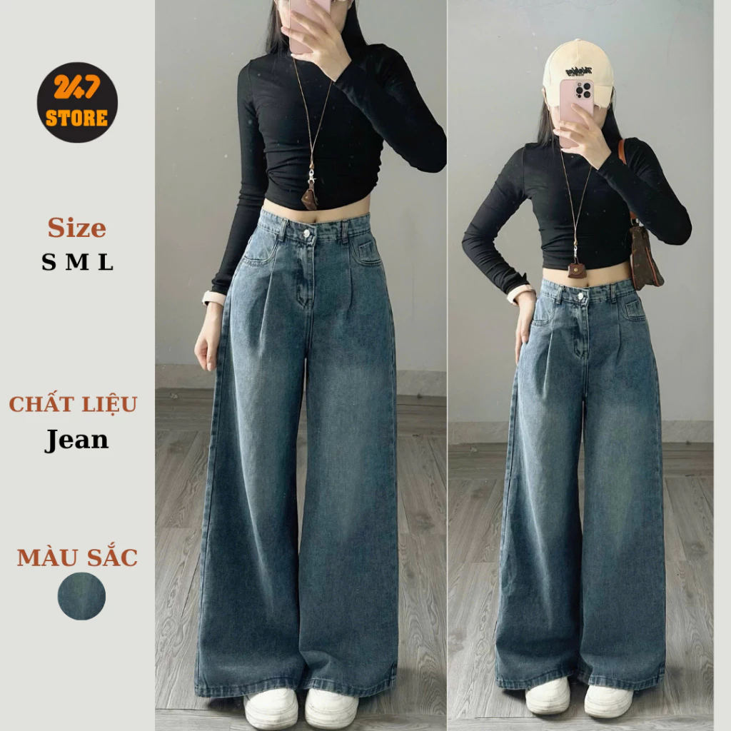 247Store - Quần jeans xuông ly trước màu xanh dáng dài Quanjean9304