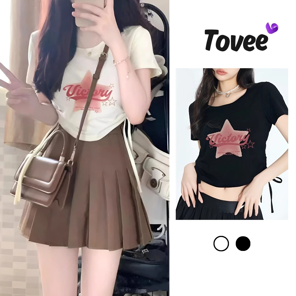[XẢ HÀNG] Áo Croptop SAO VICTORY Chất Borip Kiểu Rút Dây Nữ BM28, Áo Thun Cổ Tròn In Họa Tiết Ôm Body TOVEE