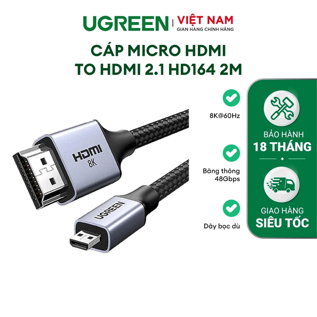 Cáp Micro HDMI to HDMI Ugreen dài 2M 8K@60Hz | Hỗ trợ Dynamic HDR, eARC - 48Gbps | Bảo hành 18 Tháng 1 đổi 1 15517