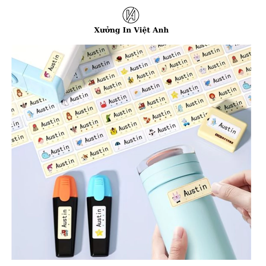Set 60 tem dán in tên bé theo yêu cầu, sticker trang trí dụng cụ học tập nhiều mẫu dễ thương, giá rẻ