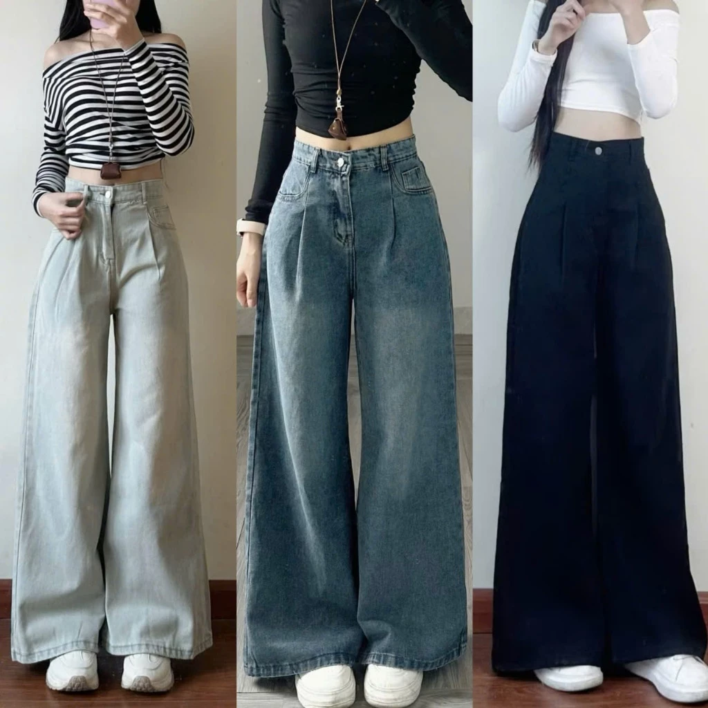 [Ảnh thật] Quần jeans xuông xếp ly dáng dài phong cách Retrostyle