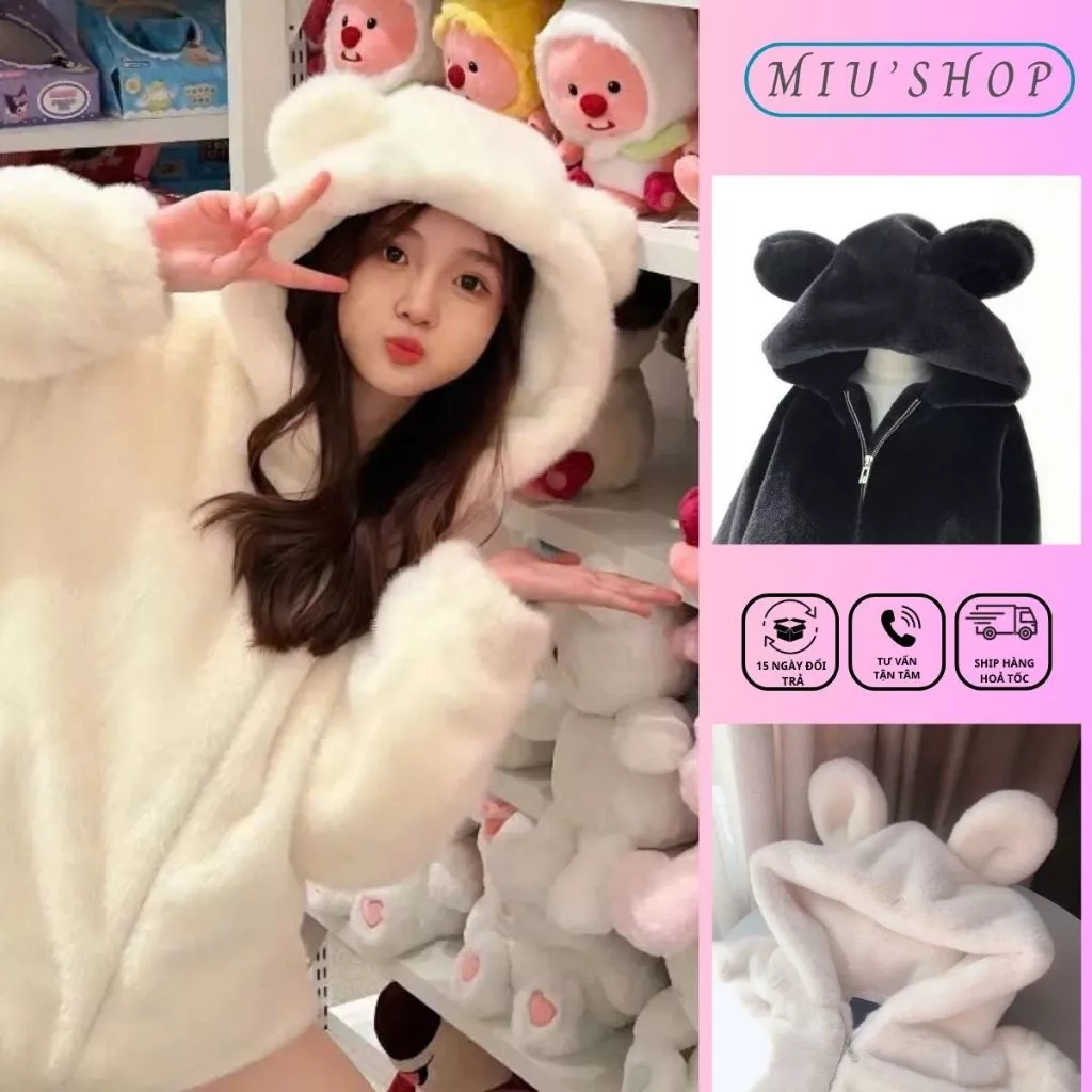 Áo Khoác Lông Thỏ Nam Nữ 2 Lớp Có Mũ Tai Gấu Hottrend, Áo Khoác Lông Mềm Mượt Thời Trang Unisex- MIUSHOP