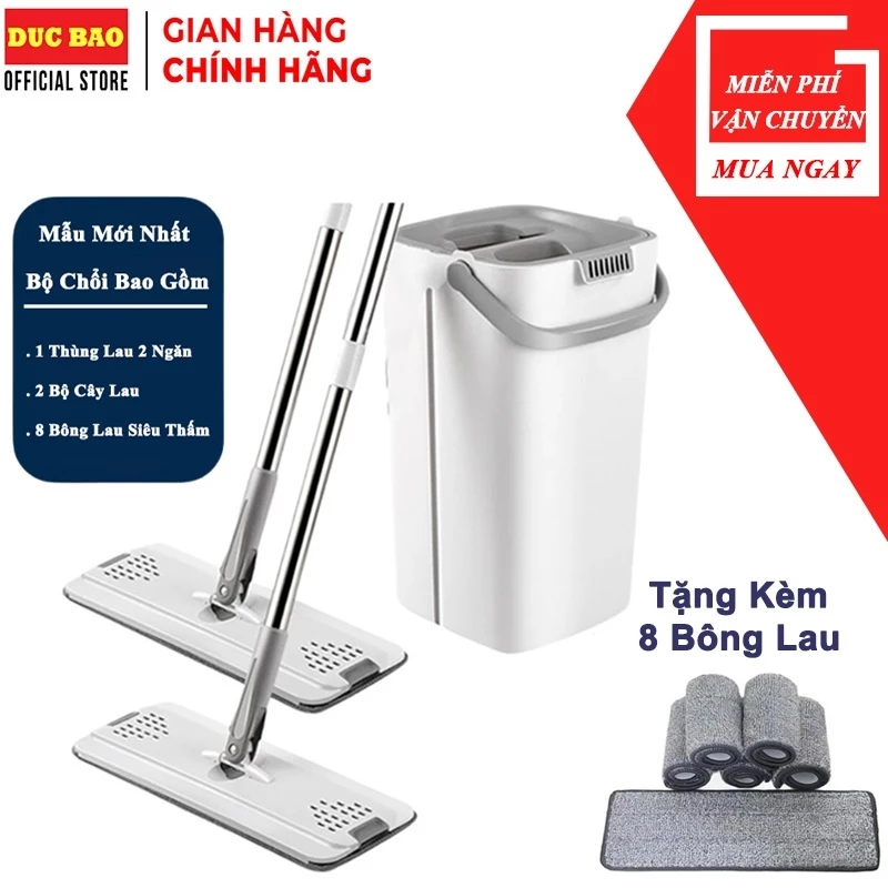 Bộ Cây Lau Nhà Thông Minh, Bộ Chổi Lau Nhà Kèm Thùng 2 Ngăn Tự Vắt Thông Minh Siêu Bền Siêu Sạch (TẶNG KÈM 8 BÔNG LAU)