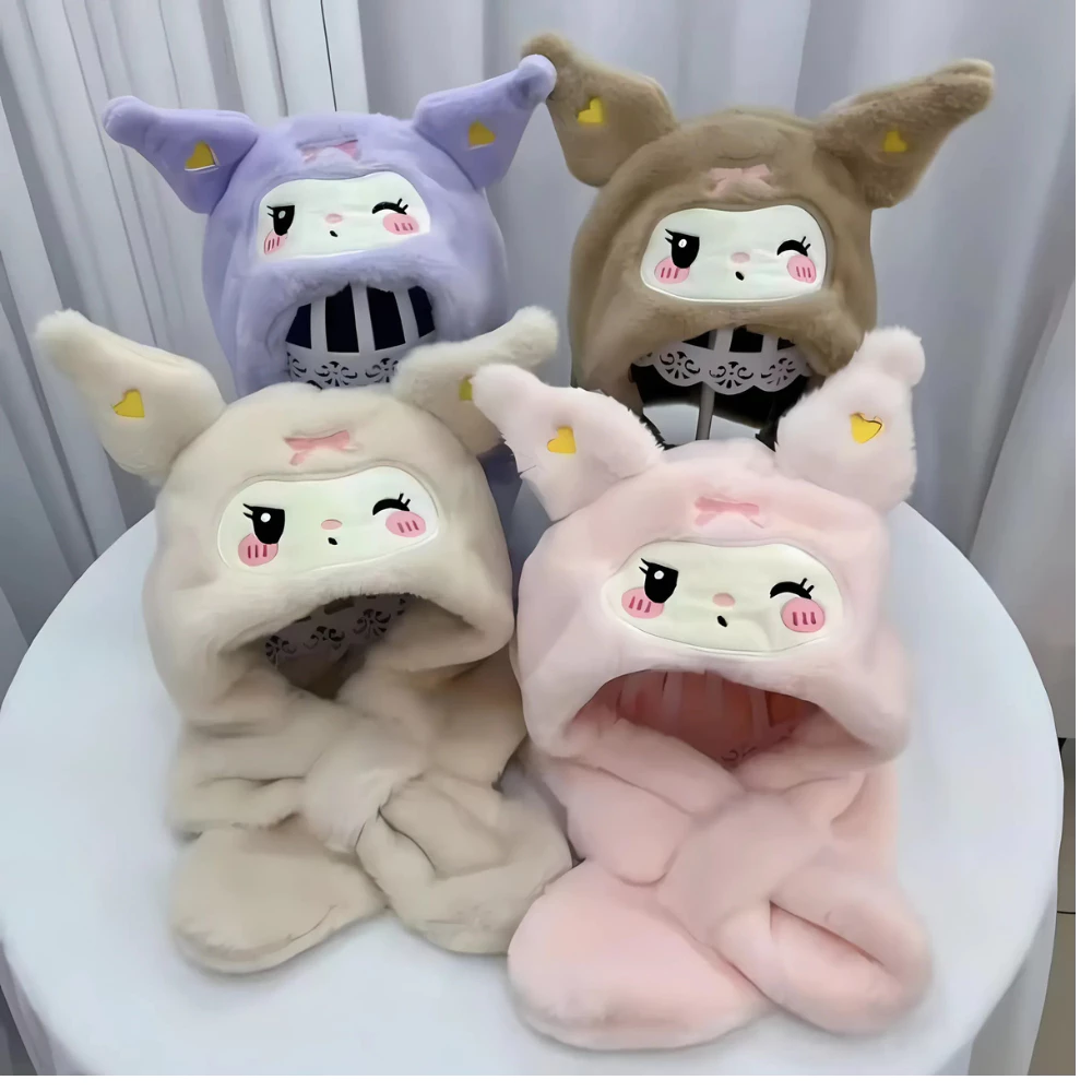 Mũ Trùm Đầu Kuromi 2in1 Siêu Ấm - Mũ Lông Thỏ Mùa Đông Cho Bé Mềm Mại Dễ Thương