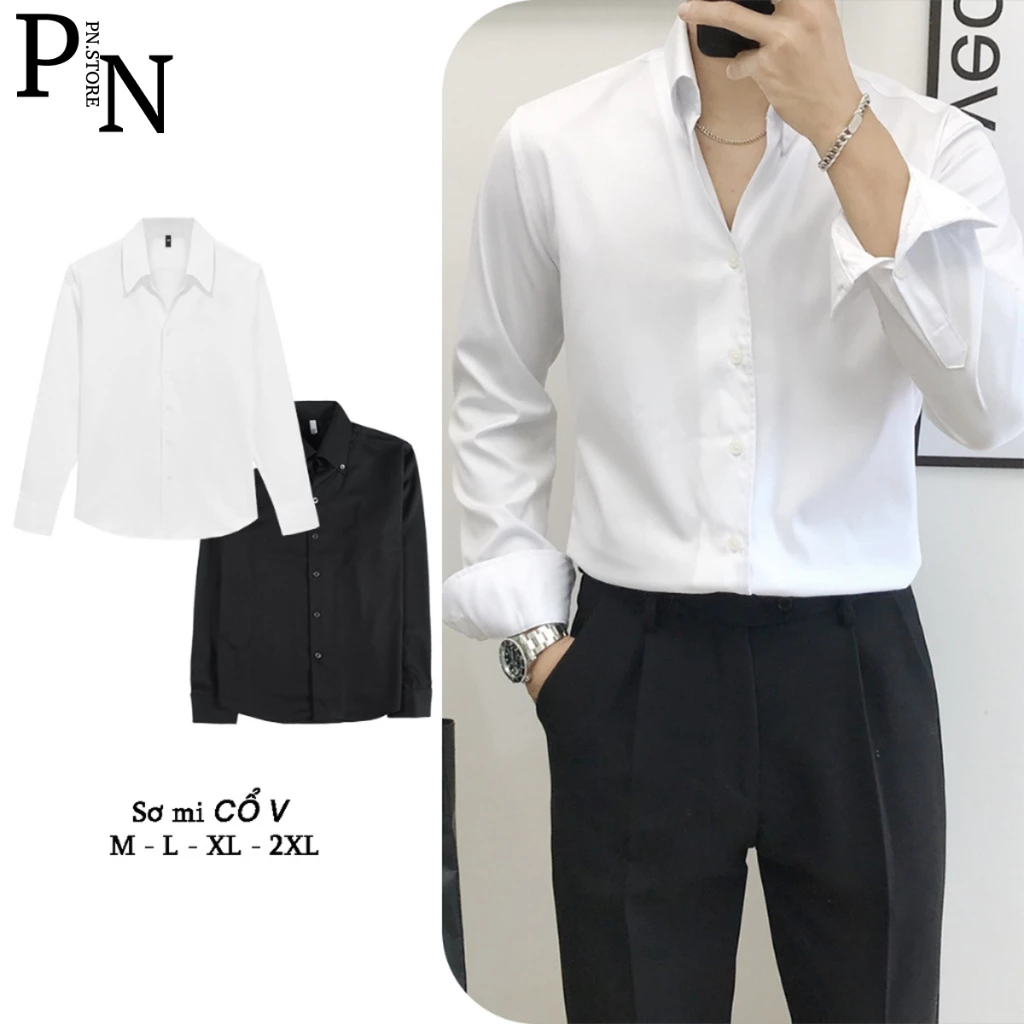 Áo Sơ Mi Cổ V Button-Down SOLADO Phong Cách Hàn Quốc Slimfit Trắng Đen Vải Lụa Chống Nhăn SMV2C