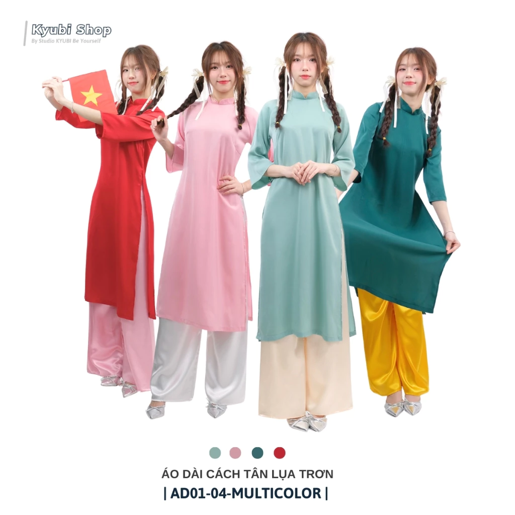 [Có Sẵn] Áo dài cách tân lụa trơn chéo cách điệu theo set kèm quần dài lụa satin KYUBI - AD01