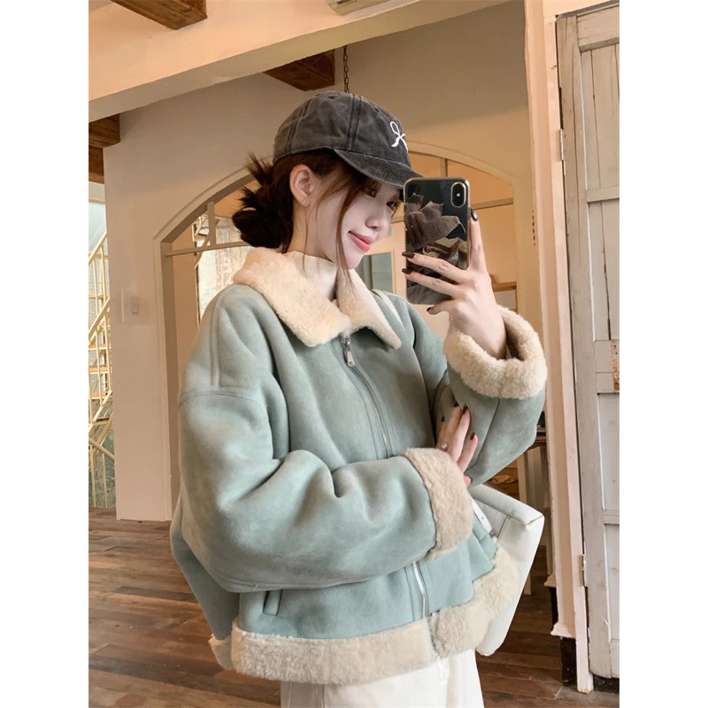 [Hình thật-2315] Khoác Da Lộn Lót Lômg tone màu xanh BaBy Blue chất dày dặn nặng tay form rộng dáng ngắn Lửng