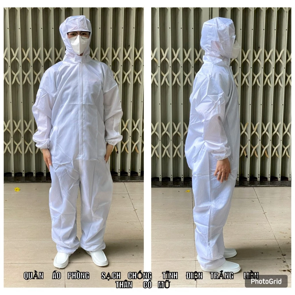 Quần áo phòng sạch chống tĩnh điện Trắng Liền thân có Mũ.