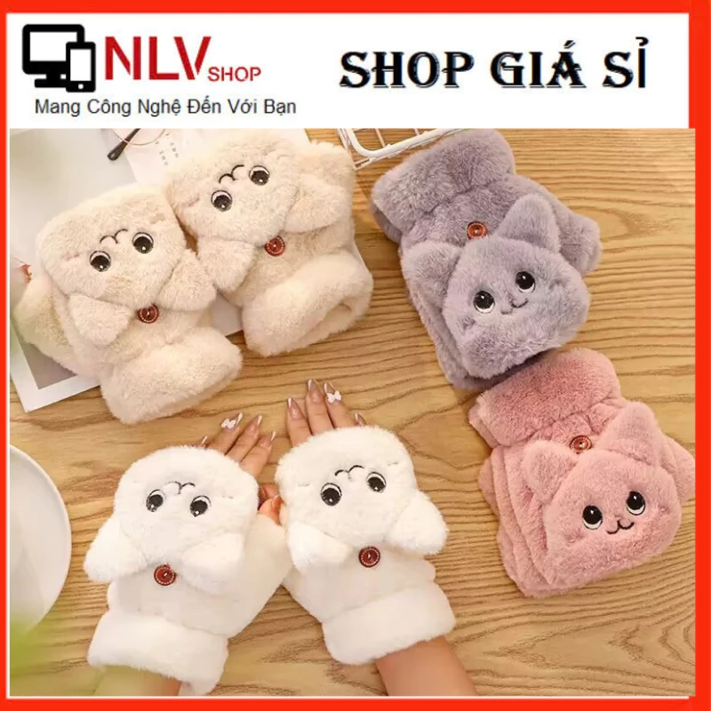 Găng tay hở ngón vải polyester mềm dày hình mèo dể thương.Bao tay,găng tay cụt ngón giữ ấm mùa đông#