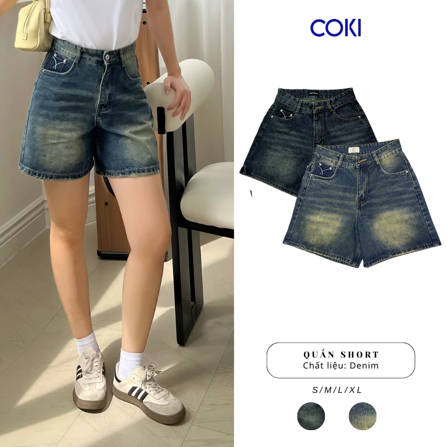 Quần Short Jean Nữ Túi Sau Hai Màu Thêu Lưng Cao