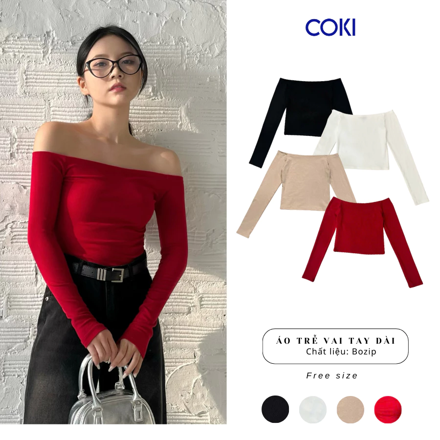 Áo Thun kiểu Nữ Croptop Trơn Dài Tay Trễ Vai ôm body