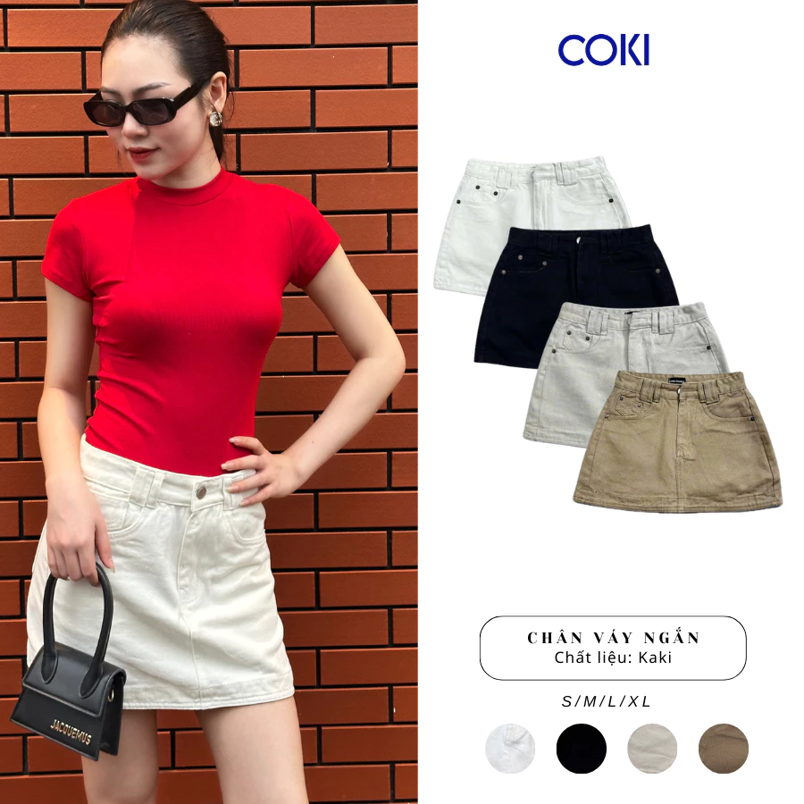 Chân váy Kaki Nữ Dáng Ngắn Chữ A Đai Đôi Basic 4 Màu Lưng Cao