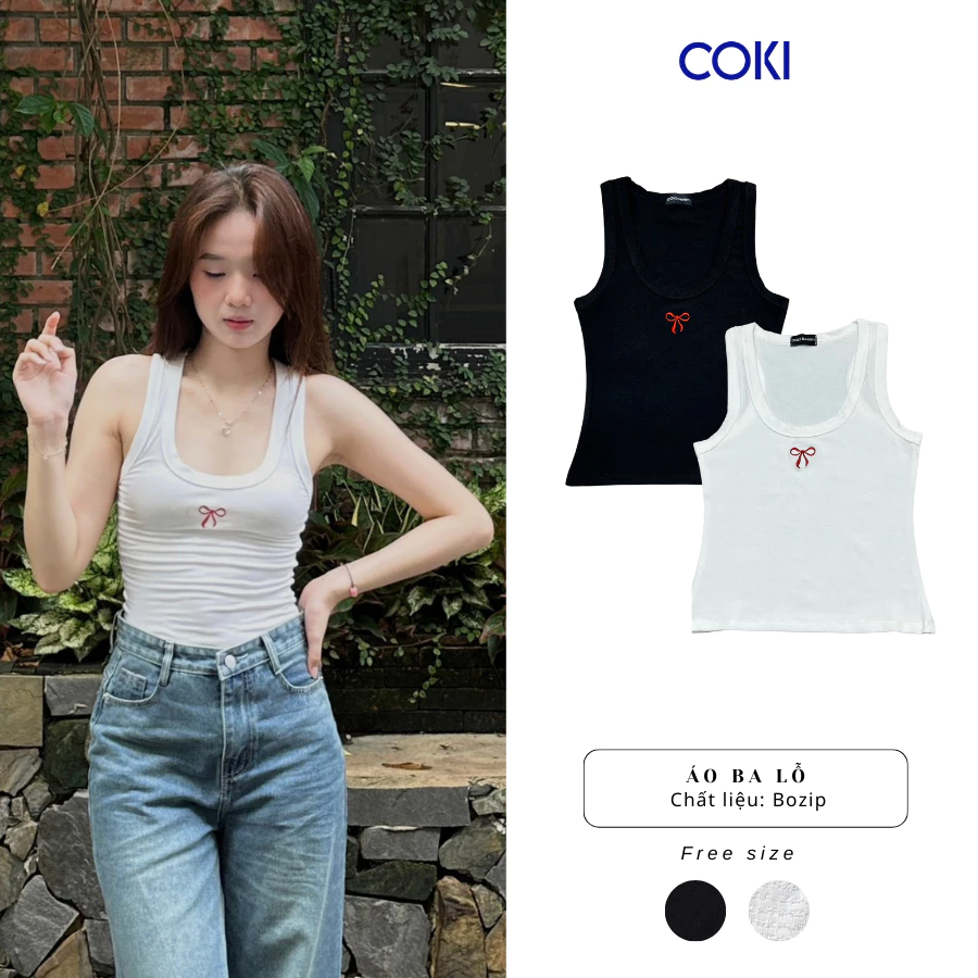 Áo Thun Ba Lỗ Nữ Ôm Body Cổ Bo Dáng U Thiết kế NƠ ĐỎ Thêu Chất Co Giãn