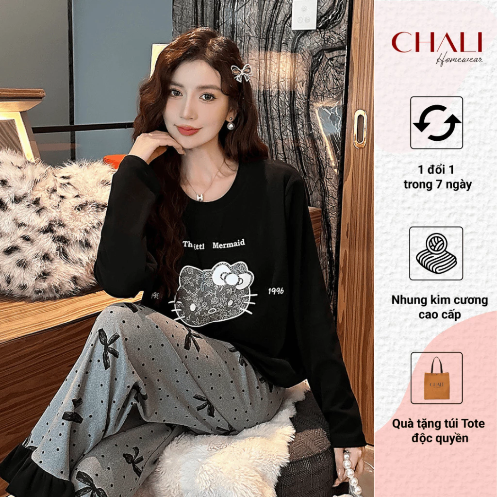 Đồ ngủ nữ Pyjama , đồ ngủ mặc nhà thu đông chất liệu nỉ CHALI họa tiết mèo đen cotton NO49