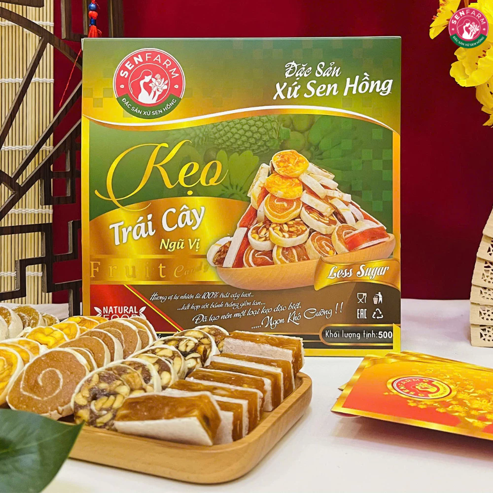 Hộp Kẹo Trái Cây Ngũ vị bao gồm Xoài, Me, Mãng Cầu, Mít, Khóm Senfarm 500g