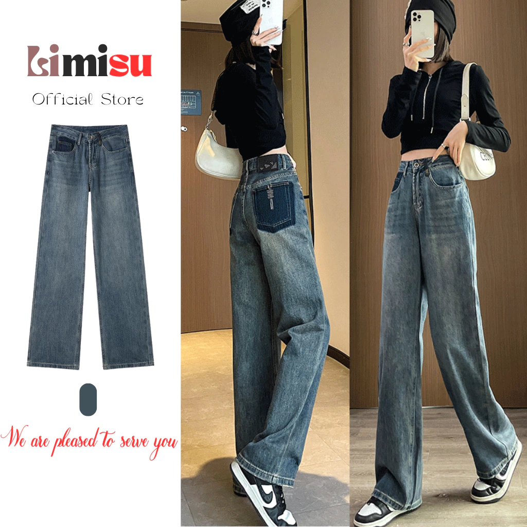 Quần Jean Nữ Ống Suông Form Rộng LIMISU Cạp Cao Cực Tôn Dáng, Quần Bò Ống Rộng Nữ Lưng Cao Phong Cách Retro Hottrend TT