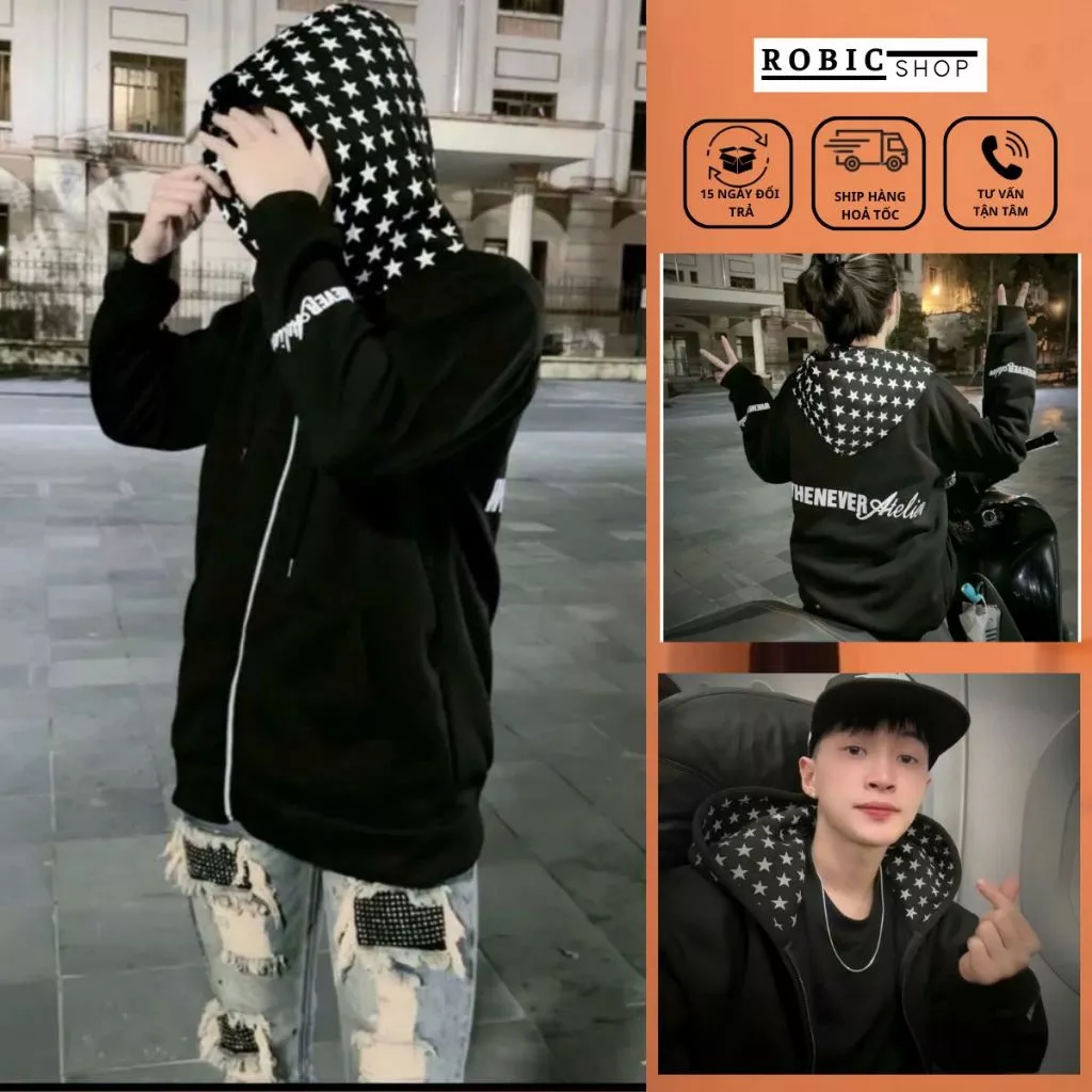 Áo Hoodie Zip Ngôi Sao BOXY SUPERSTAR Nón 2 Lớp Vải Nỉ Ngoại Dày Dặn Phong Cách Trẻ Cá Tính Thời Trang Unisex